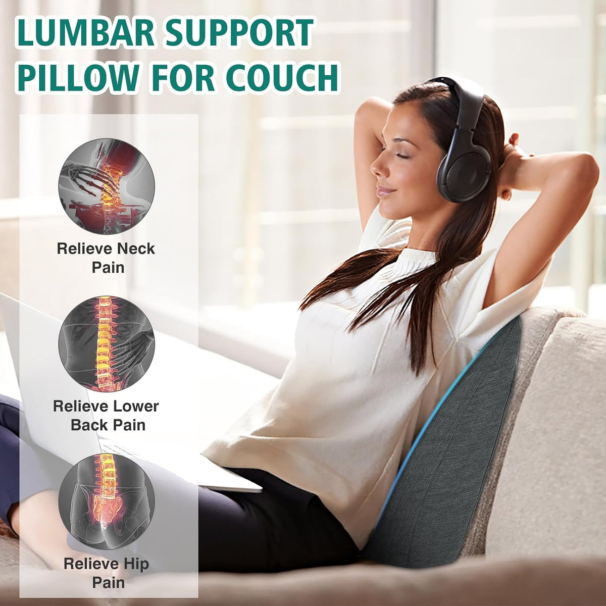 Back Support Pillow for Recliner Soft Dual Layer Lumbar Support Pillow with Shredded Memory Foam Ergonomic Orthopedic Couch Lumbar Cushions for Elderly Lower Back Pain Relief Dark Grey