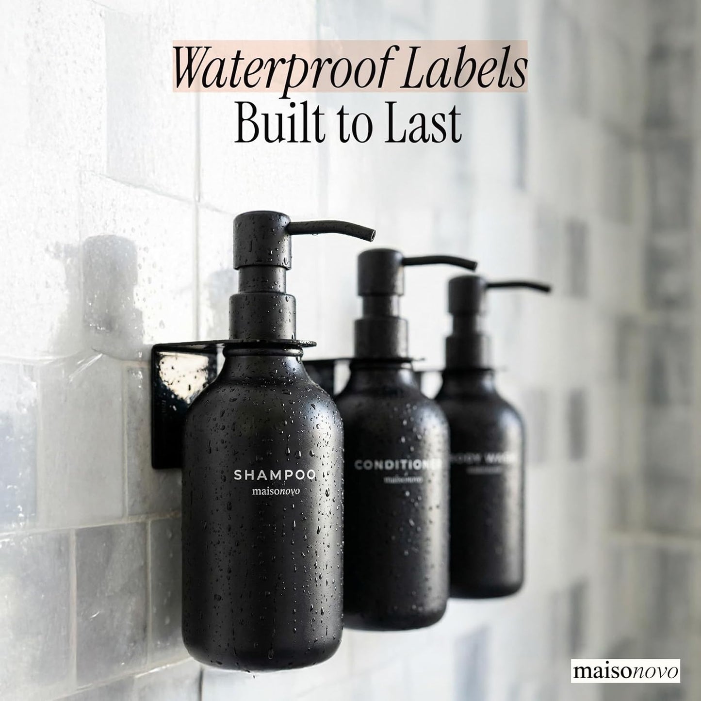 MaisoNovo Shampoo and Conditioner Dispenser|Refillable Black Set of 3 | 500 ml Shower Gel Dispenser Set of 3. Refillable Shampoo and Conditioner Bottles. Drill Free Secure Design. Black