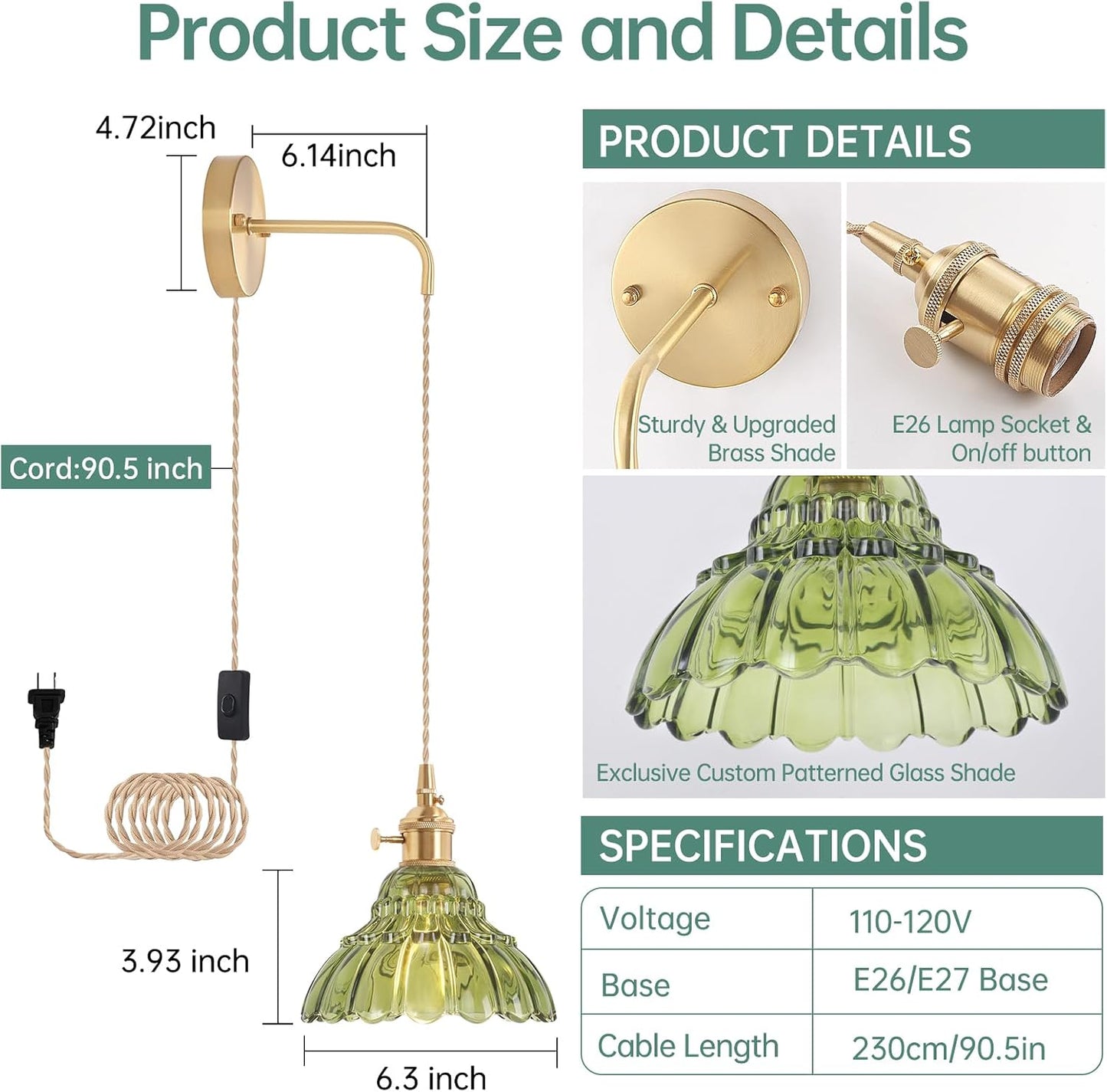 Shenmoyl Battery Operated Wall Sconce Wall Lamp with Green Lily of the Valley Shade Pattern Glass Adjustable Chain Retro Gold Wall Mounted Light, Modern Wall Lamp Fixtures Decor for Bedside Bedroom