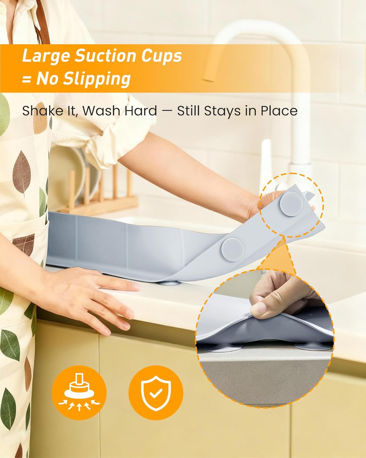 Sink Splash Guard 18" 23" 30" Silicone Water Guard with Strong Suction Cups, Faucet & Countertop Protector, Bathroom & Sink Edge Splash Guard Strip, Dishwasher Safe-Grey 18"