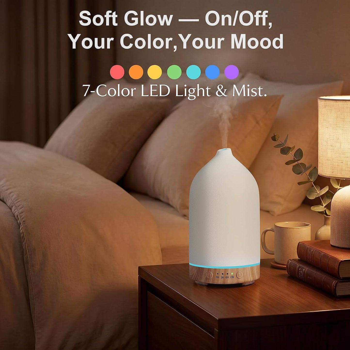 Ceramic Essential Oil Diffuser for Home (Set of 2) Air Humidifier | 200ML Ultrasonic Aromatherapy Diffuser & Humidifier 7 LED Lights, Auto Shut-Off, Wood Base, 3 Timers for Bedroom, Office,Yoga