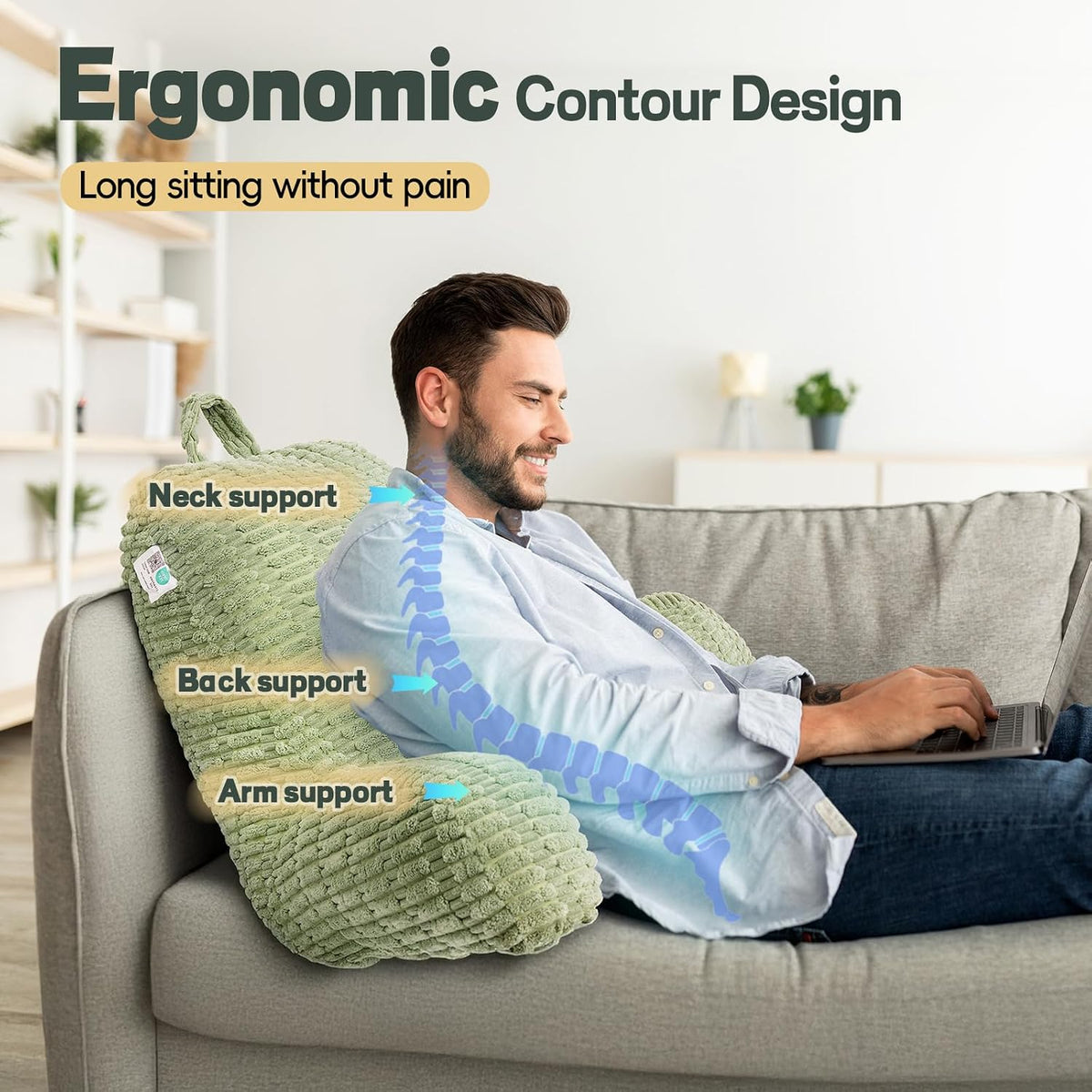 21" Higher Large Reading Pillow for Bed Adult, Back Pillow for Bed Sitting Up with Memory Foam Back Support with Arms Rest for Couch Chair Gray