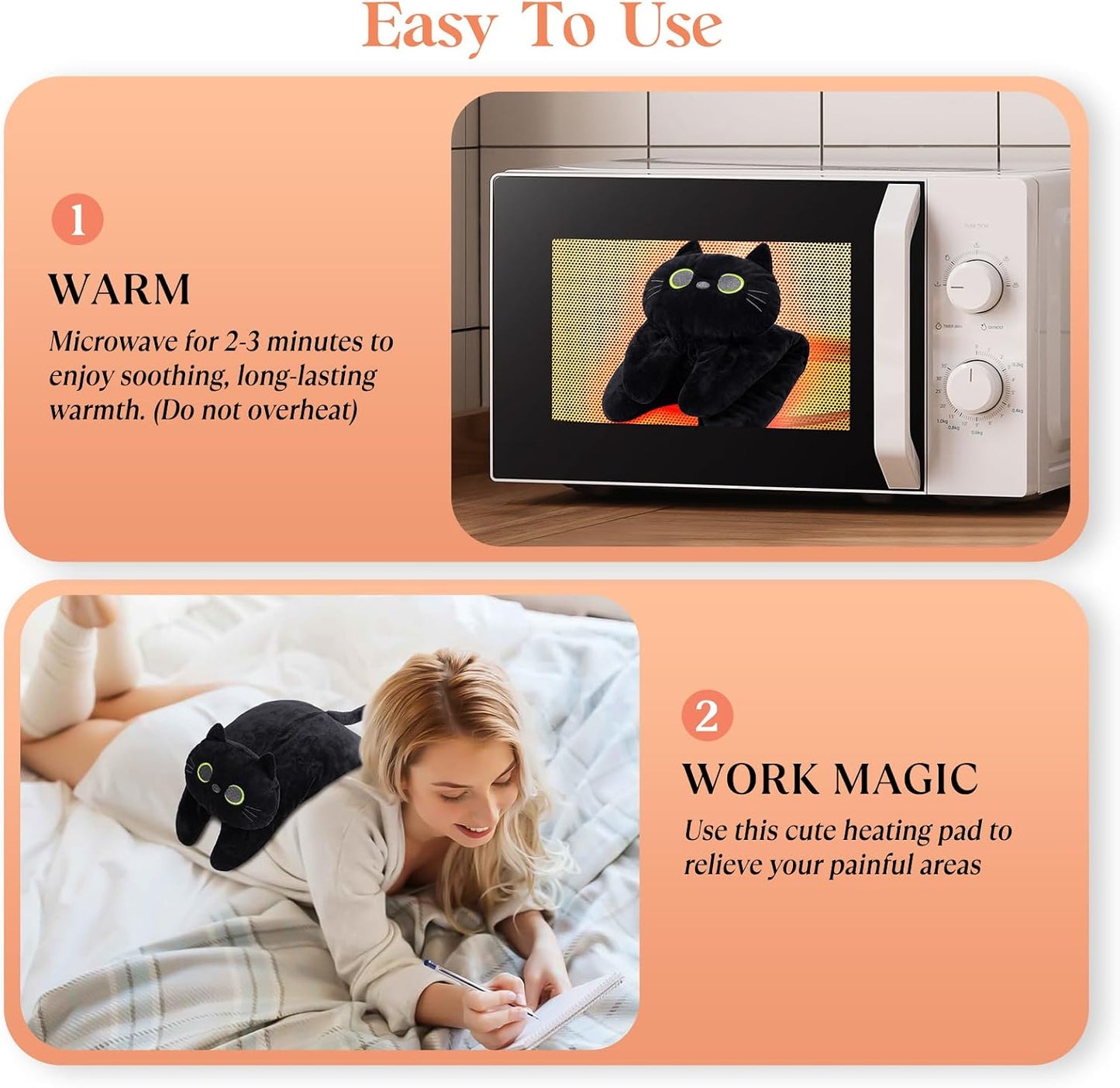 Microwave Heating Pad for Pain Relief, 17" x 15" Microwavable Heating Pads for Neck Shoulder, Cramps, Back Pain, Muscles, Joints, Natural Heat Pack Moist Heat, Menstrual Period, Small Black Cat