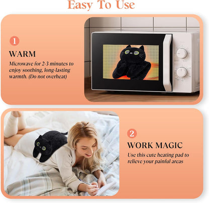 Microwave Heating Pad for Pain Relief, 17" x 15" Microwavable Heating Pads for Neck Shoulder, Cramps, Back Pain, Muscles, Joints, Natural Heat Pack Moist Heat, Menstrual Period, Small Black Cat