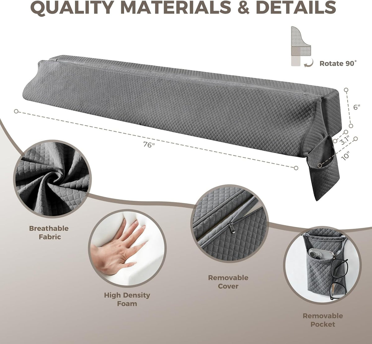 Bed Wedge Gap Filler Queen Size, Wedge Pillow for Headboard Gap, 60×10×6 in