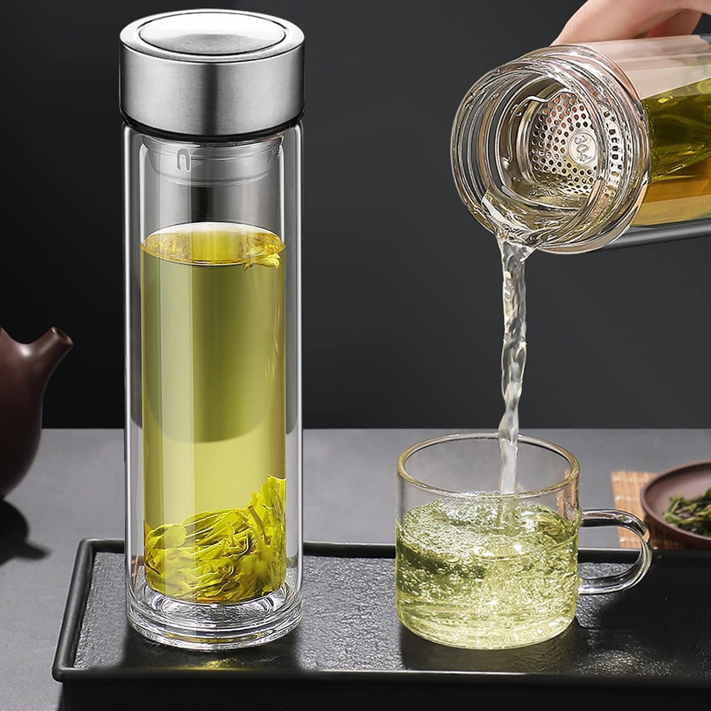 PARACITY Glass Water Bottle with Tea Infuser, 12 oz Double Wall Tumbler | Removable stainless steel filter and silicone seal suit loose leaf, flower or herbal brewing in a wide-mouth tea infuser mug