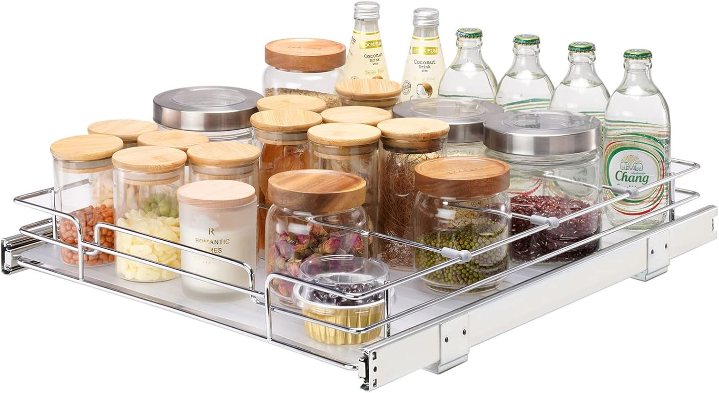 VEVOR 18.5"Wx21"Dx3.5"H Pull Out Cabinet Organizer, Heavy Duty Slide Out Pantry Shelves, Chrome-Plated Steel Roll Out Drawer, Drawer Storage for Home Under Sink, 20"Wx22"Dx7"H Install Size for Cabinet