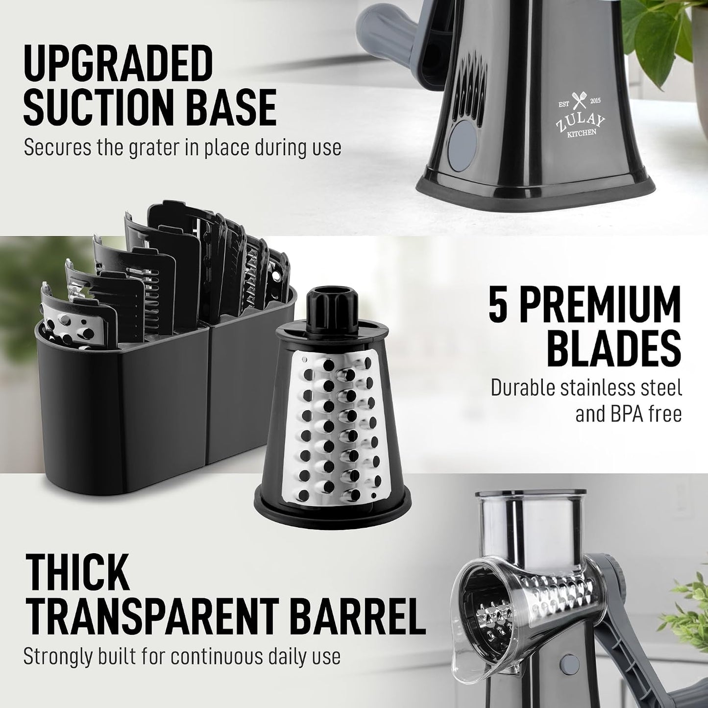 Zulay Kitchen Rotary Cheese Grater 5 Blade Cheese Shredder - Manual Hand Crank Cheese Grater With Reinforced Suction & 5 Interchangeable Drums - Easy to Use, Vegetable Chopper Round Mandoline Slicer - Colors B
