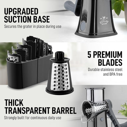 Zulay Kitchen Rotary Cheese Grater 5 Blade Cheese Shredder - Manual Hand Crank Cheese Grater With Reinforced Suction & 5 Interchangeable Drums - Easy to Use, Vegetable Chopper Round Mandoline Slicer - Colors B