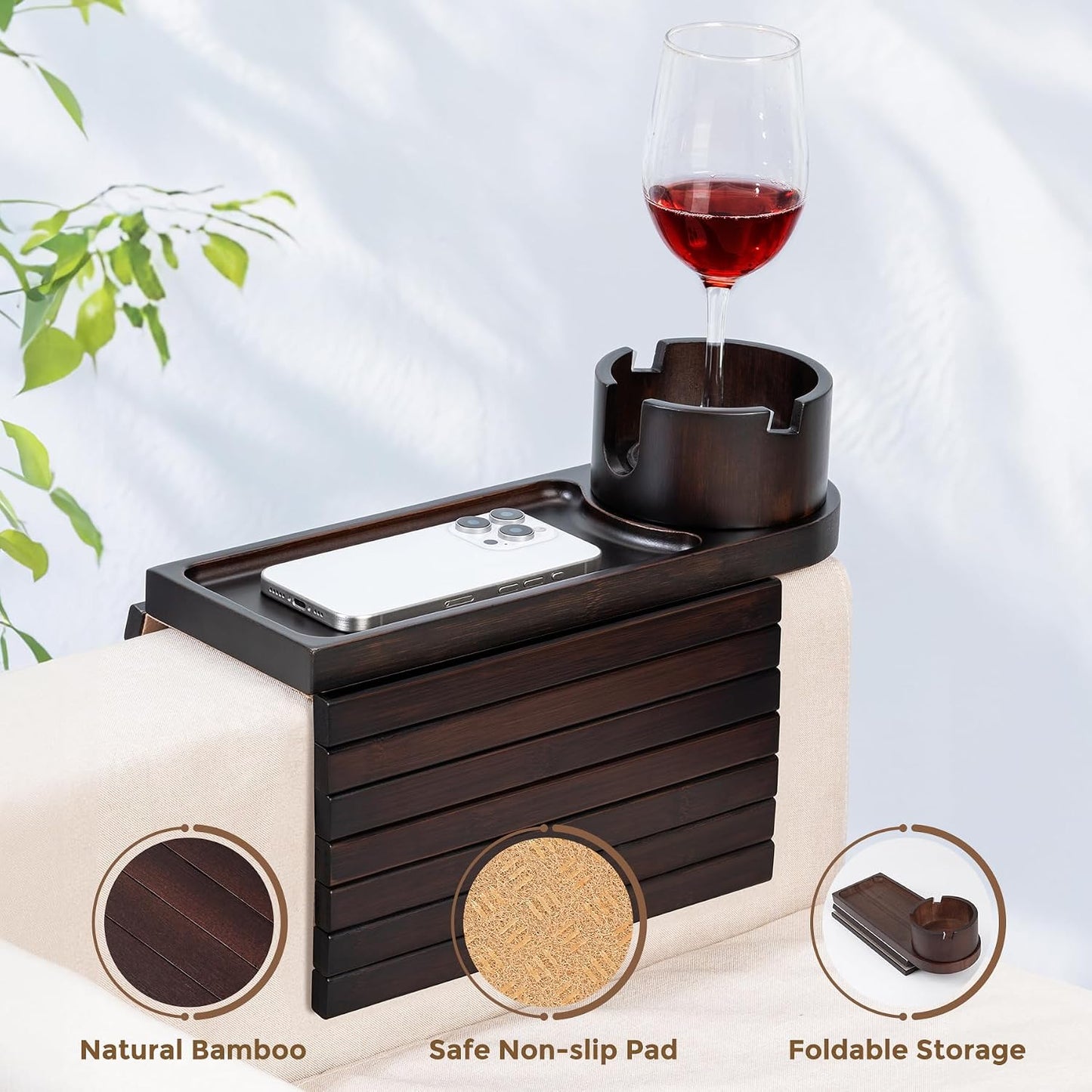 Couch Cup Holder for Armrests Over 4.9" Wide with 360° Phone Stand Walnut | Couch Arm Tray with 360° Rotating Phone Stand, 3 in 1 Foldable Sofa Arm Tray Table for Remote, Snacks, Phone, Drinks