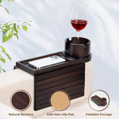 Couch Cup Holder for Armrests Over 4.9" Wide with 360° Phone Stand Walnut | Couch Arm Tray with 360° Rotating Phone Stand, 3 in 1 Foldable Sofa Arm Tray Table for Remote, Snacks, Phone, Drinks
