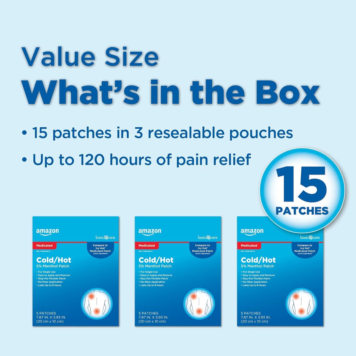 Amazon Basic Care Maximum Strength Pain Relieving Medicated Cold Hot 5% Menthol Patch for Muscle and Joint Pain Relief, 7.87" x 3.93", 15-Count Box (Previously HealthWise)
