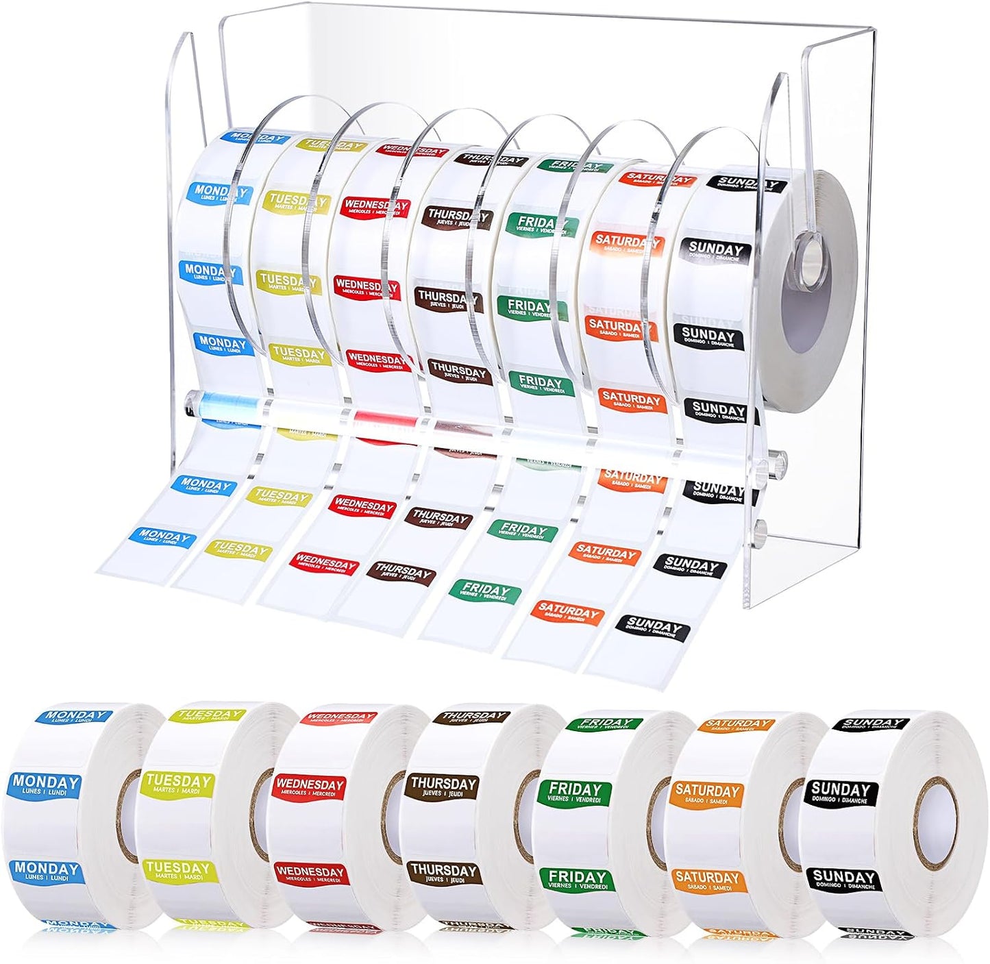 Resurhang 7000 Pcs Day of The Week Labels Food Labels with Adjustable Label Dispenser Monday Through Sunday Management Inventory Stickers Removable Weekly Self Adhesive Date Dot Stickers (Square)