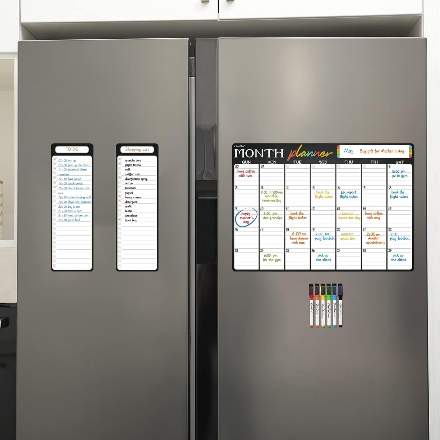 Magnetic Dry Erase Monthly Calendar Set - 15.5"x13" Monthly and 8.5"x13" Weekly Calendar for Fridge - 6 Extra Fine Point Markers Included - Shipped Flat