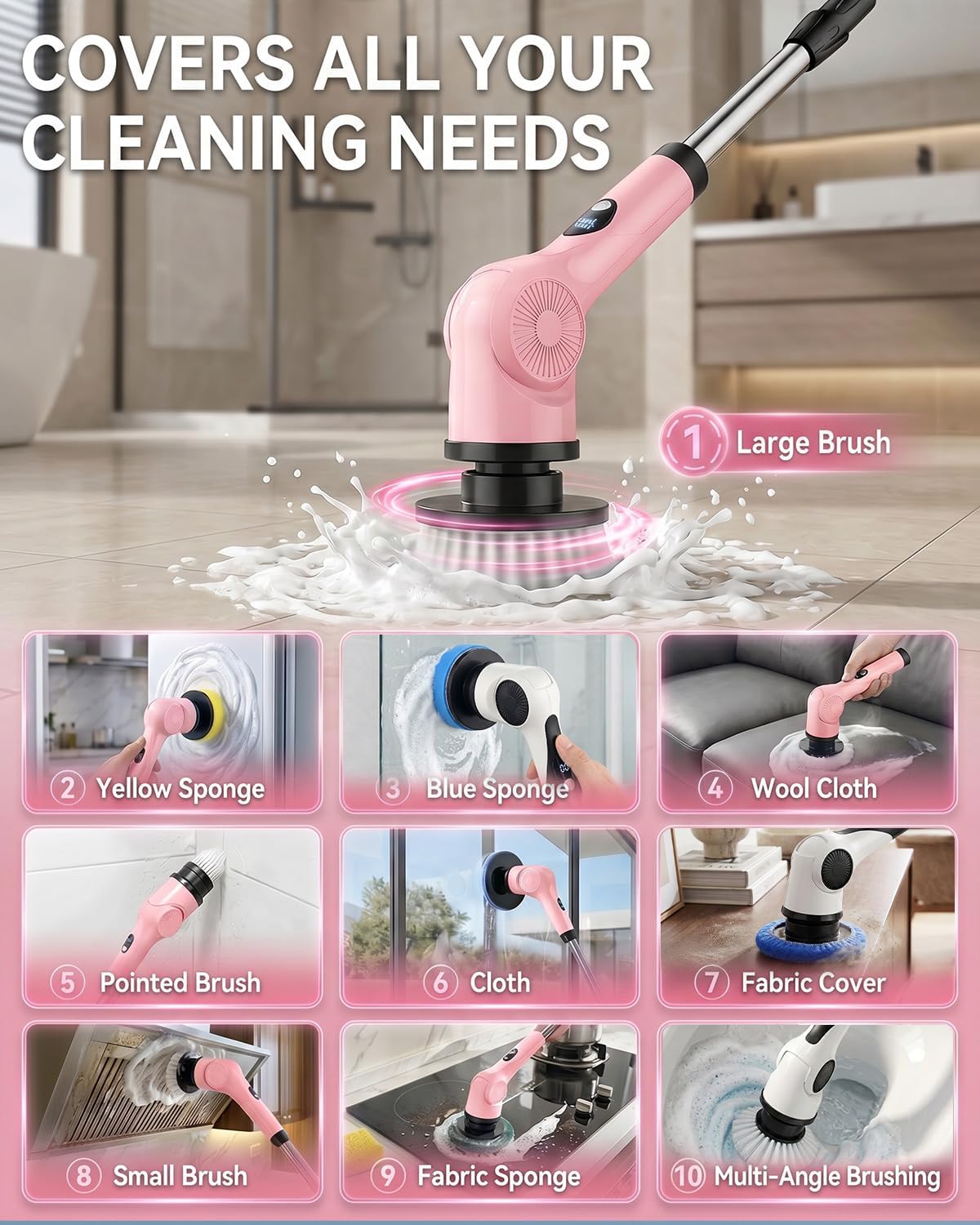 Electric Spin Scrubber, 3-Speed Shower Scrubber with Long Handle & 10 Replaceable Brush Heads, Cordless Full-Body IPX7 Waterproof Shower Cleaner Brush with 90 Mins Runtime for Bathroom