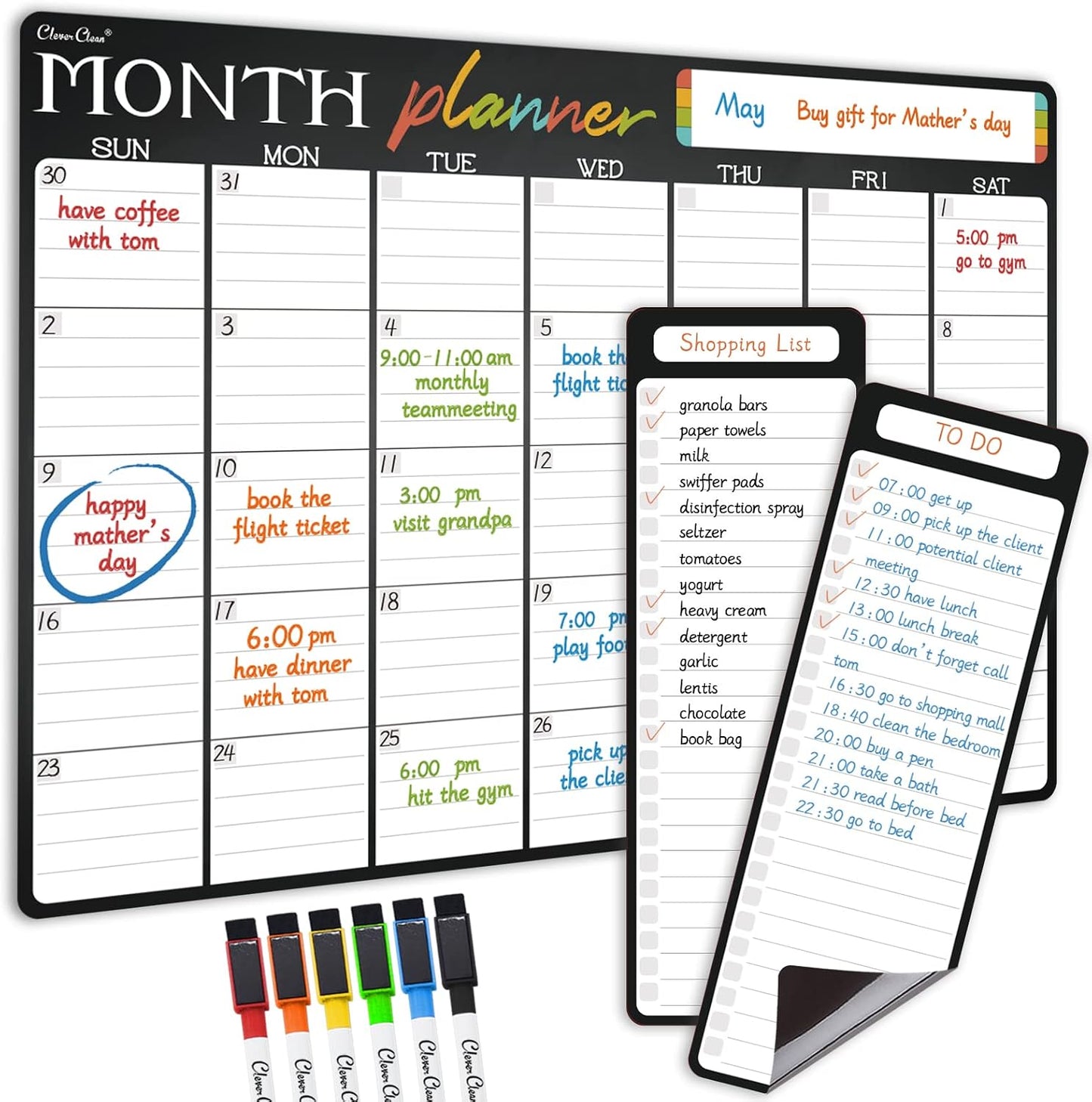 Magnetic Dry Erase Monthly Calendar Set - 15.5"x13" Monthly and 8.5"x13" Weekly Calendar for Fridge - 6 Extra Fine Point Markers Included - Shipped Flat