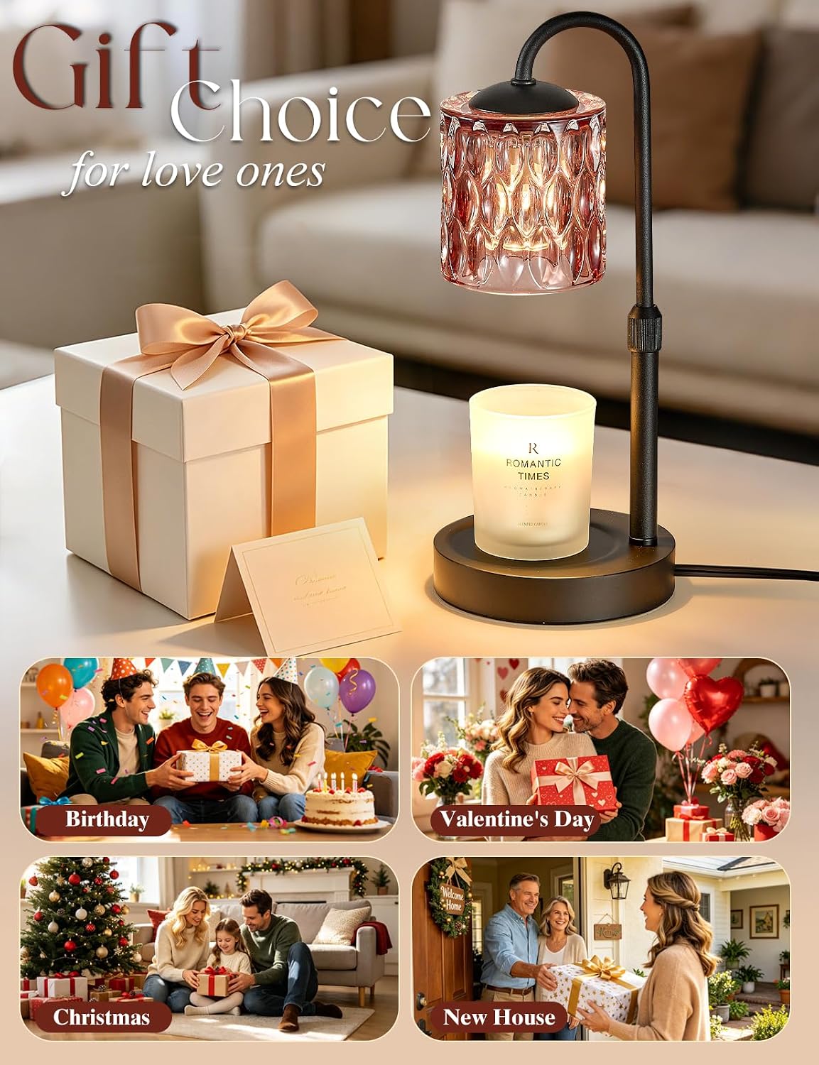 Briever Dimmable Candle Warmer Lamp with Timer, Height Adjustable Electric Candle Wax Warmer, Christmas Birthday Gifts for Women Mom, House Warming Gifts New Home Room Decor, Black Solid Wood Base