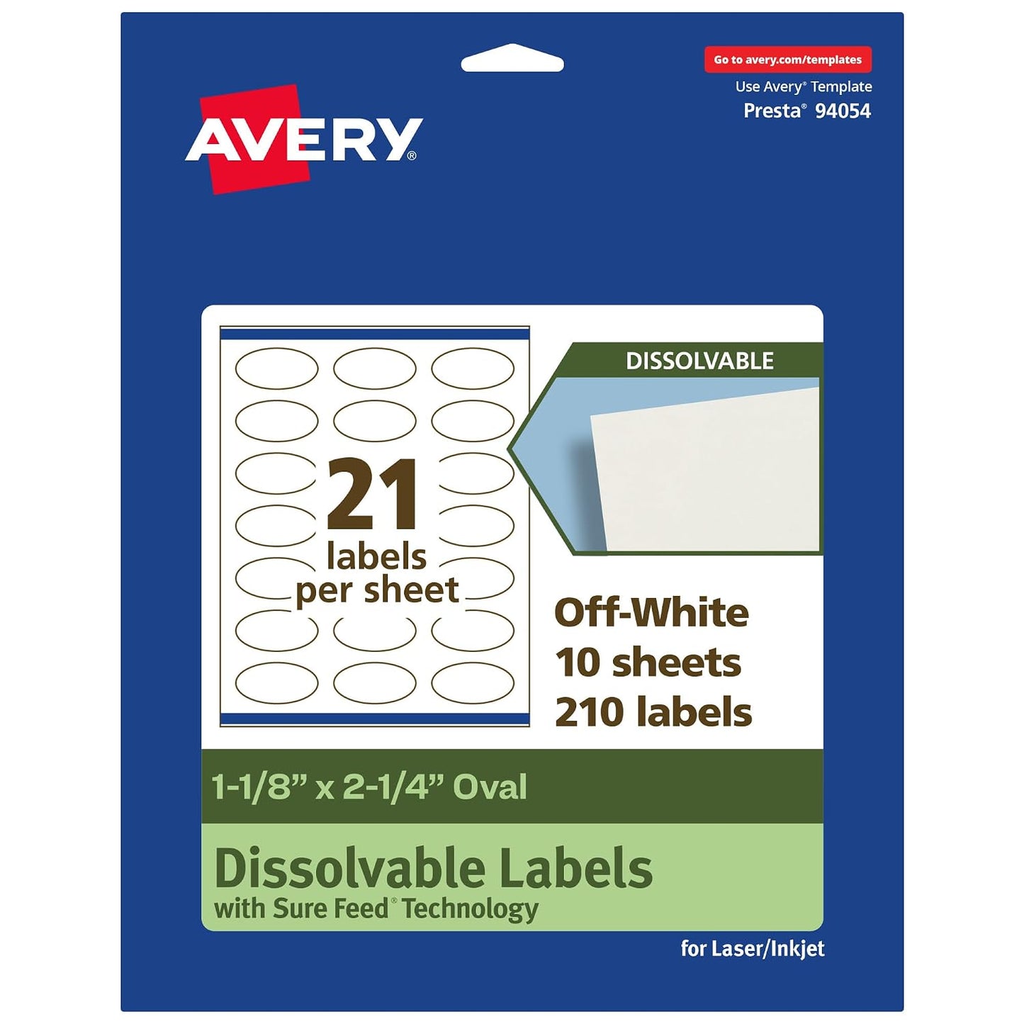 Avery Dissolvable Oval Labels, Sure Feed Technology, 1-1/8" x 2-1/4", Matte White, Print-to-The-Edge, Laser/Inkjet Printable, 105 Labels Total