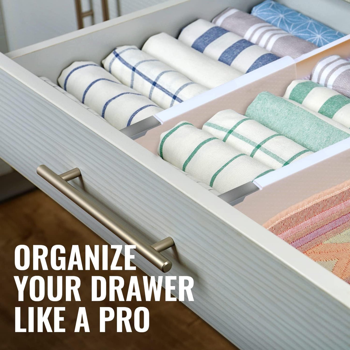 RAPTUROUS Adjustable Deep Drawer Divider – 6" Tall, Expandable 13-22", 4-Pack, Non-Slip Drawer Dividers for Clothes, Dresser, Kitchen & Office Organization (White)