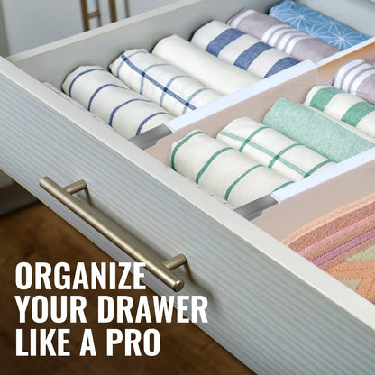RAPTUROUS Adjustable Deep Drawer Divider – 6" Tall, Expandable 13-22", 4-Pack, Non-Slip Drawer Dividers for Clothes, Dresser, Kitchen & Office Organization (White)
