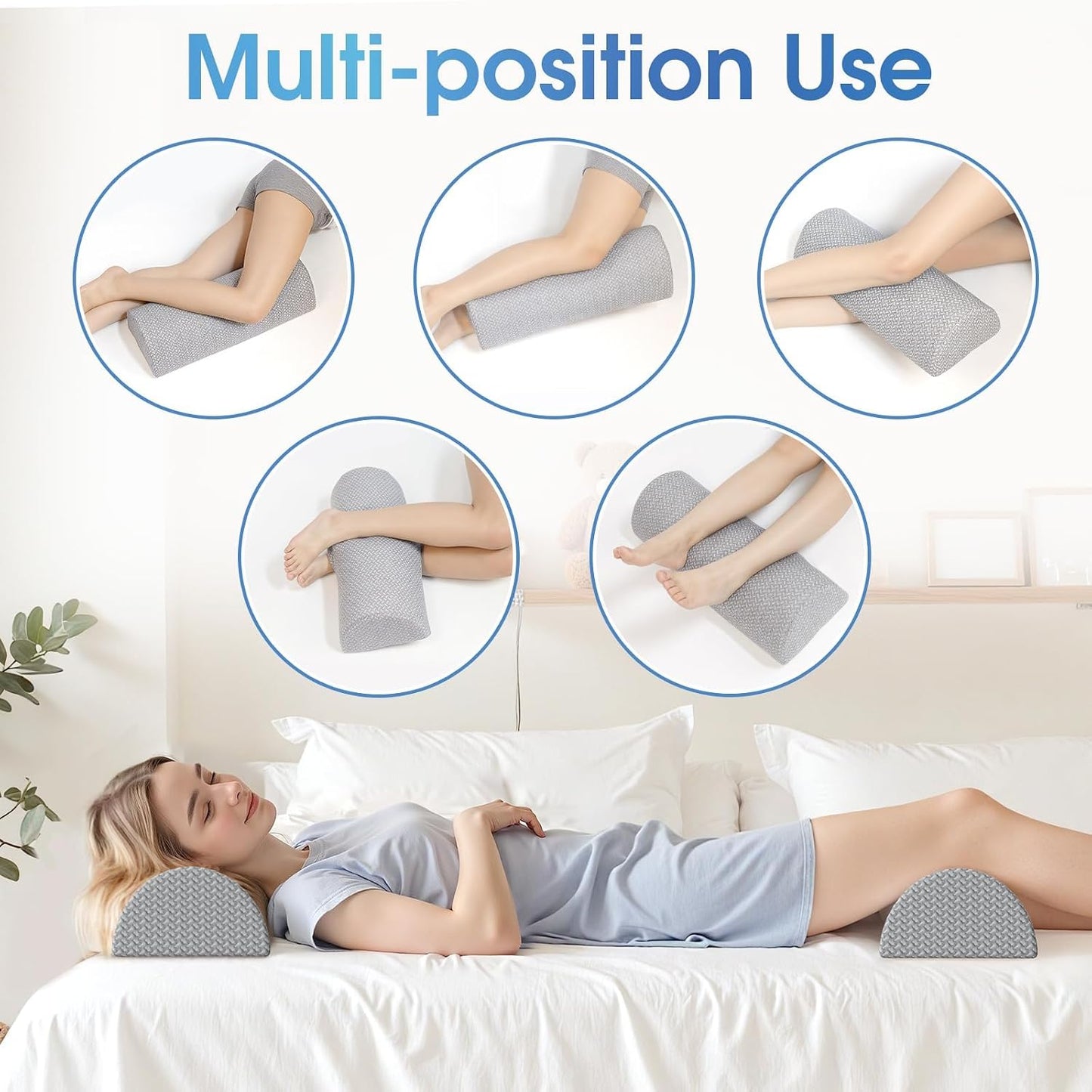 TranquilRelax Knee Pillow for Back Sleeping Memory Foam Half Moon Bolster Pillow for Legs, Under Knee Support, Ankle & Foot Comfort Orthopedic Pillow for Side Sleepers (White, 20.4" x 8" x 4.9")