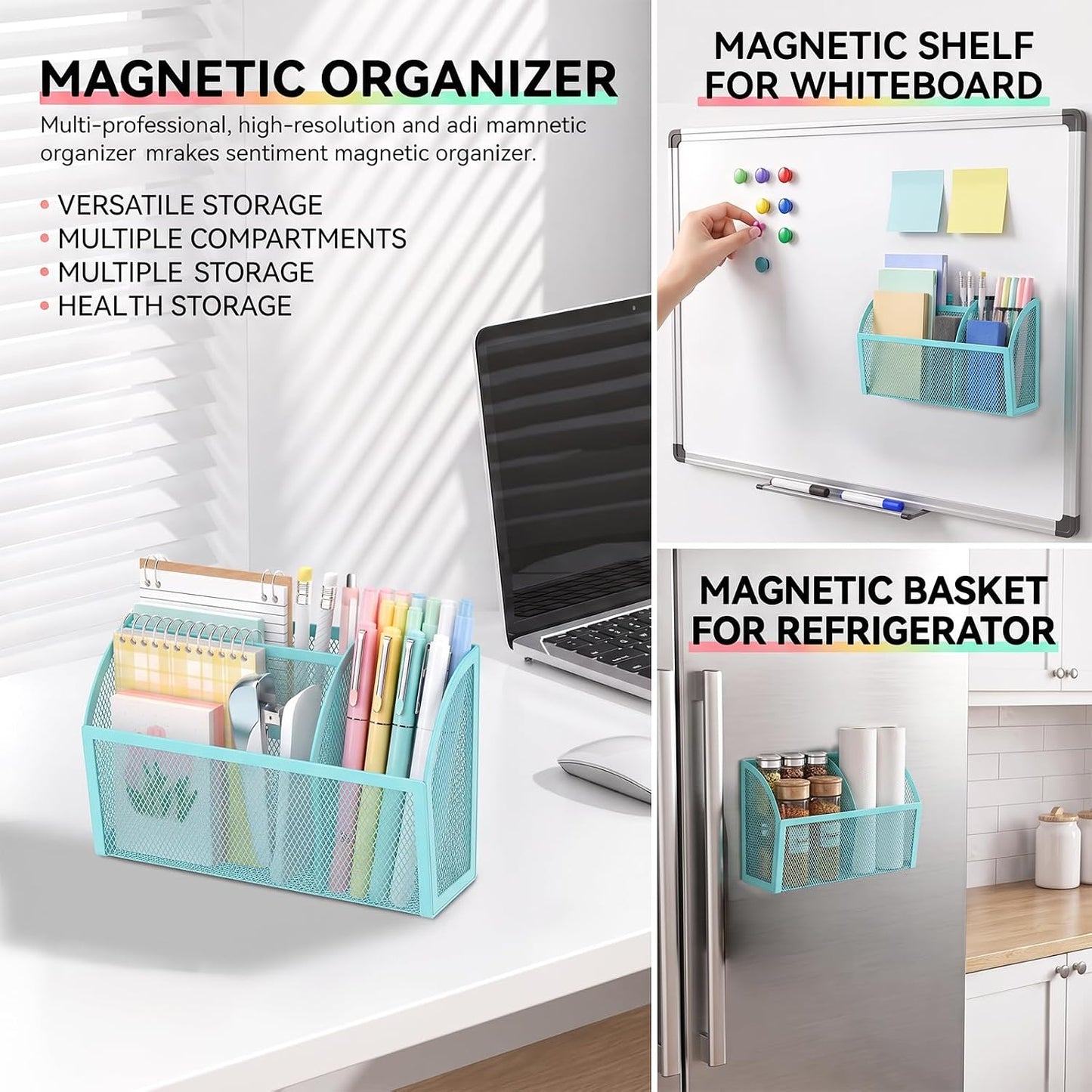 Magnetic Pencil Holder, Magnetic Organizer for Locker Accessories, Black | Mesh Marker Holder with Strong Magnets and 3 Compartments for Whiteboards Refrigerators and Magnetic Lockers