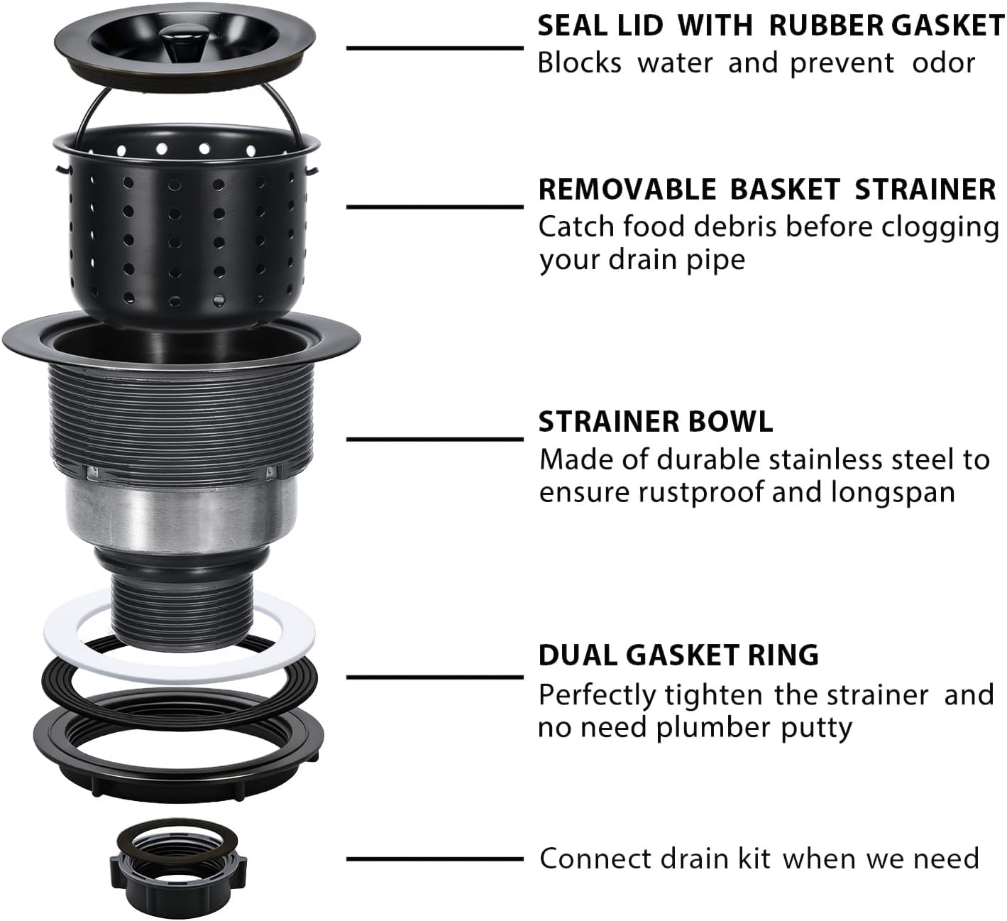 3-1/2 Inch Sink Drain Assembly Kit, Removable Deep Sink Strainer Basket with Sink Stopper/Sealing Lid for Home, Kitchen, Stainless Steel
