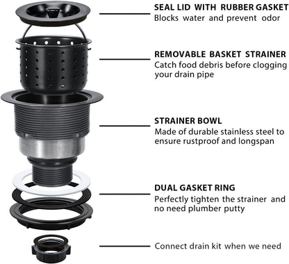 3-1/2 Inch Sink Drain Assembly Kit, Removable Deep Sink Strainer Basket with Sink Stopper/Sealing Lid for Home, Kitchen, Stainless Steel