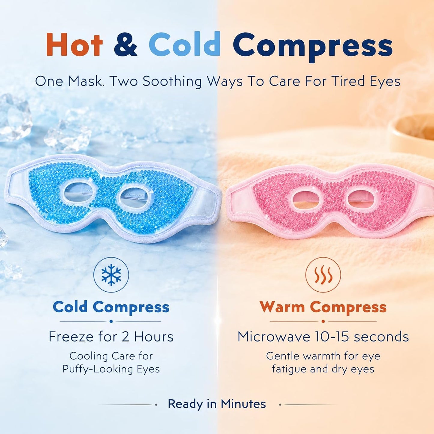 Gel Eye Mask, Reusable Hot & Cold Cooling Eye Mask, Cold Compress for Puffy Eyes, Eye Cooling Gel Beads Sleeping Mask, Adjustable Plush Strap — Stays Cool 30 Mins - 2 Pack