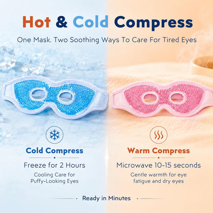 Gel Eye Mask, Reusable Hot & Cold Cooling Eye Mask, Cold Compress for Puffy Eyes, Eye Cooling Gel Beads Sleeping Mask, Adjustable Plush Strap — Stays Cool 30 Mins - 2 Pack
