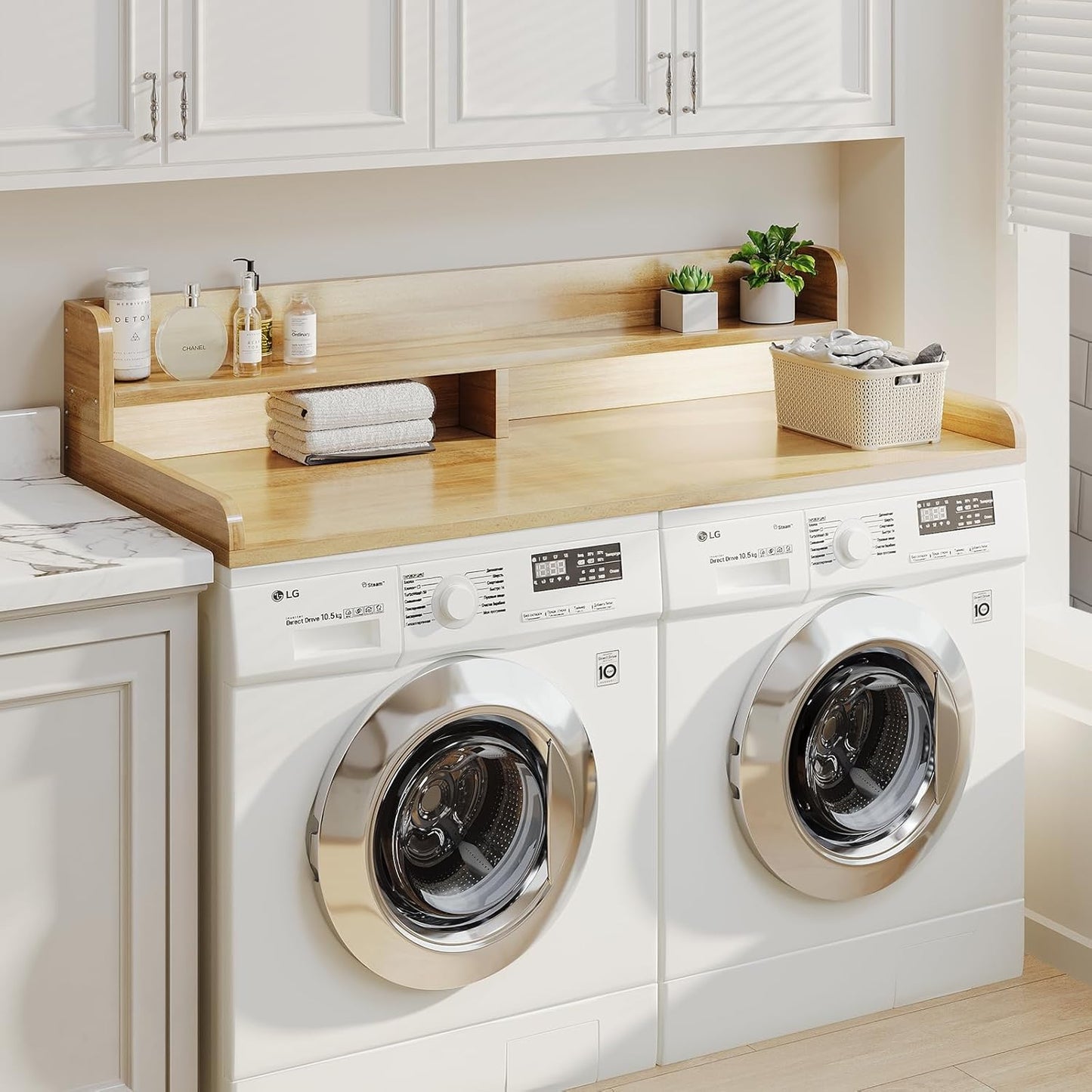 2-Tier Washer Dryer Countertop with 2.75" H Edge Rails, 54" W x 27.55" D Laundry Countertop for Folding Clothes, Washer and Dryer Topper with Non-Slip Pad (Dark Walnut)