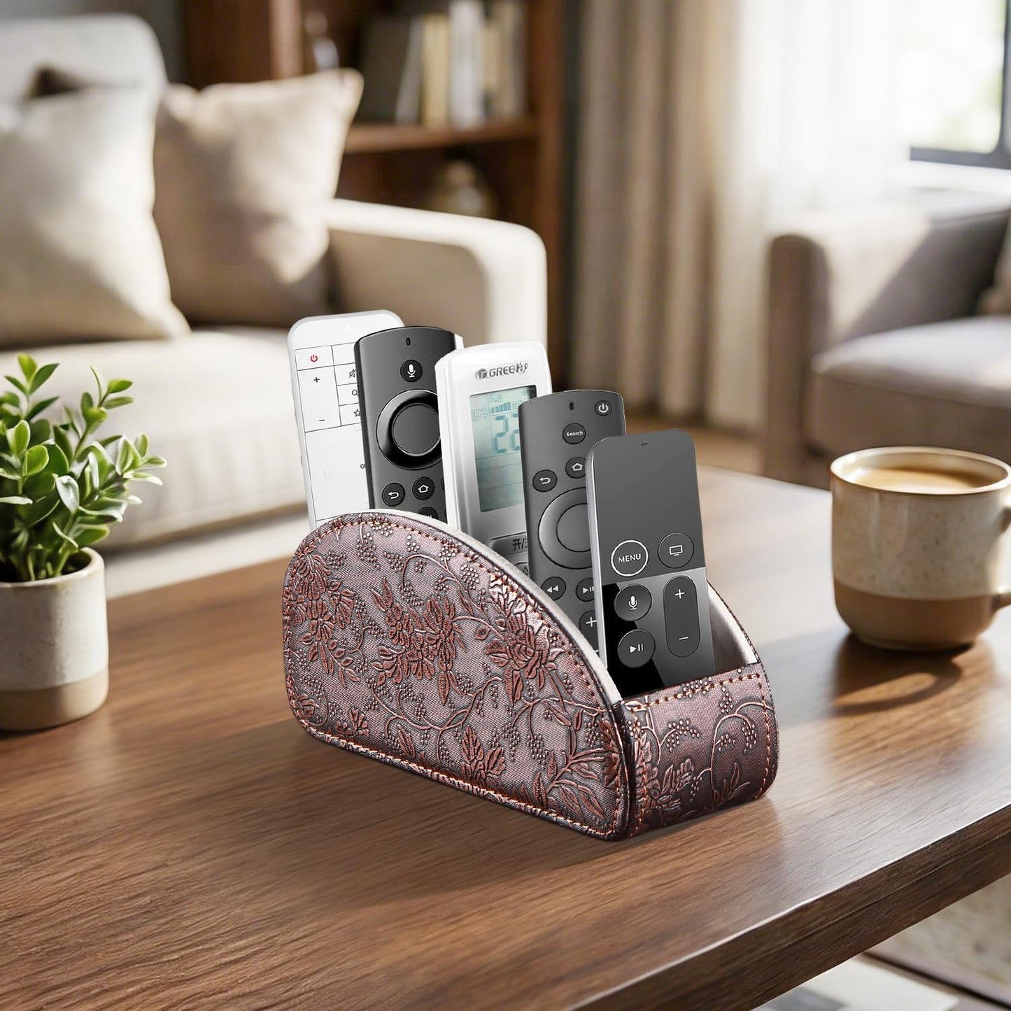 Pu Leather TV Remote Control Holder with 5 Compartments,Remote Caddy/Tray | Bedside Table Desk Storage Box/Organizer for Pen,DVD,Blu-Ray,Media Player,Heater Controller,Cosmetics,Glasses,Office Supplies
