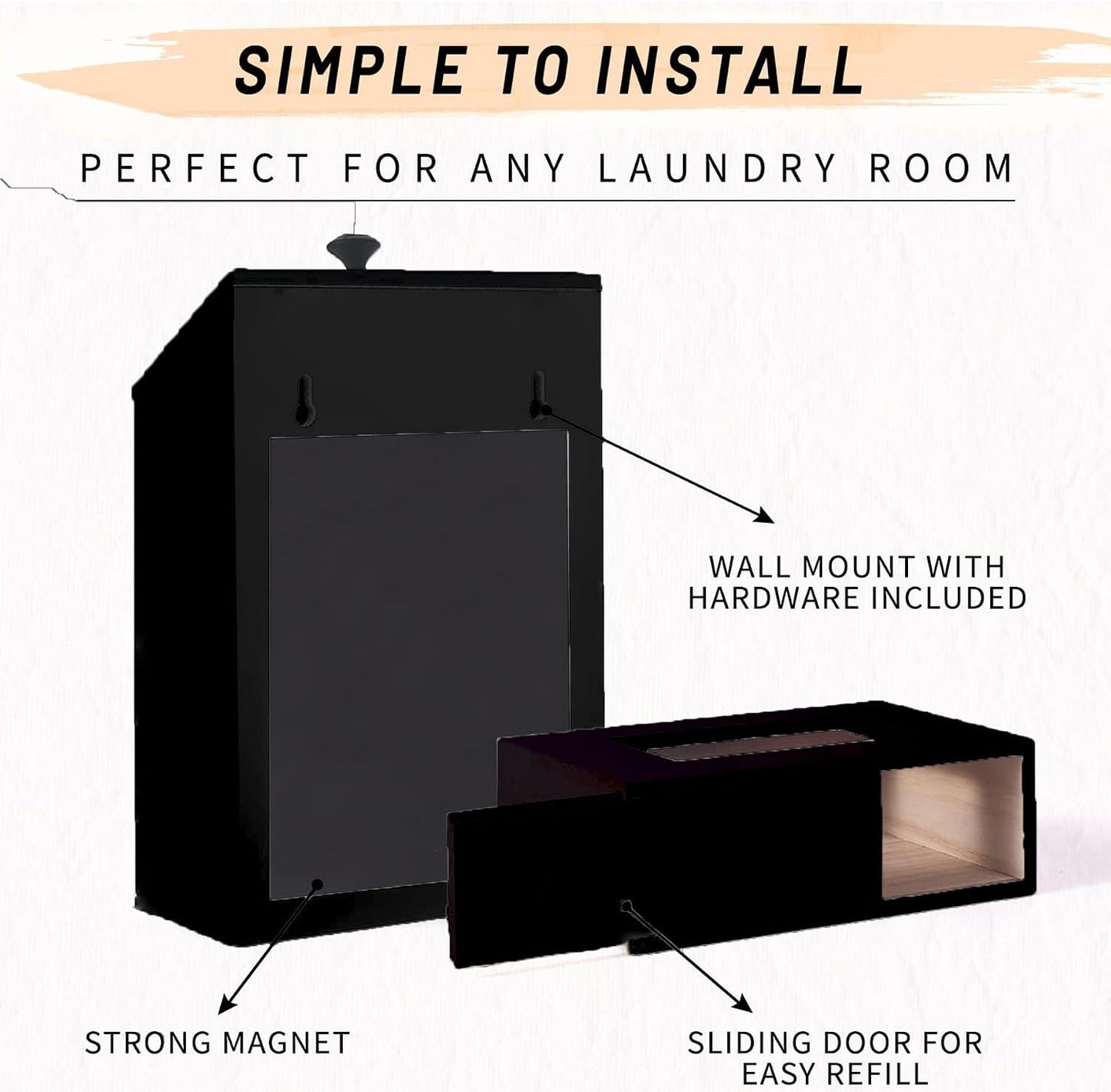 Magnetic Lint Bin and Dryer Sheet Holder Set for Laundry Room, Farmhouse Wooden Lint Trash Can with Lid and Dryer Sheet Dispenser Box Magnetic for Mounting on Dryer,Stylish Laundry Room Organiz(Black)