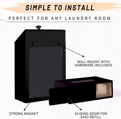 Magnetic Lint Bin and Dryer Sheet Holder Set for Laundry Room, Farmhouse Wooden Lint Trash Can with Lid and Dryer Sheet Dispenser Box Magnetic for Mounting on Dryer,Stylish Laundry Room Organiz(Black)