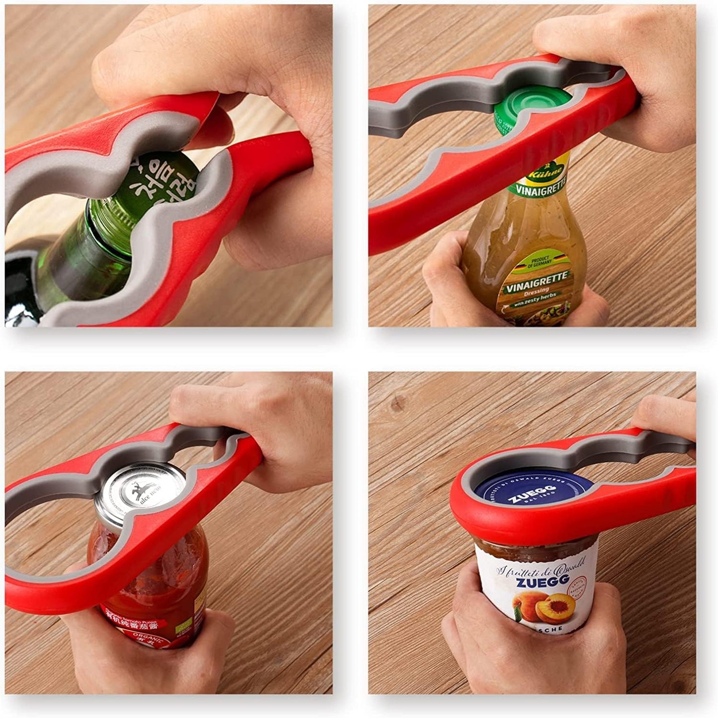 Jar Opener Bottle Opener for Weak Hands, 5 in 1 Multi Function Can Opener Bottle Opener Kit with Silicone Handle Easy to Use for Children, Elderly and Arthritis Sufferers, Red