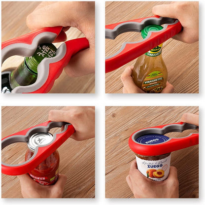 Jar Opener Bottle Opener for Weak Hands, 5 in 1 Multi Function Can Opener Bottle Opener Kit with Silicone Handle Easy to Use for Children, Elderly and Arthritis Sufferers, Red