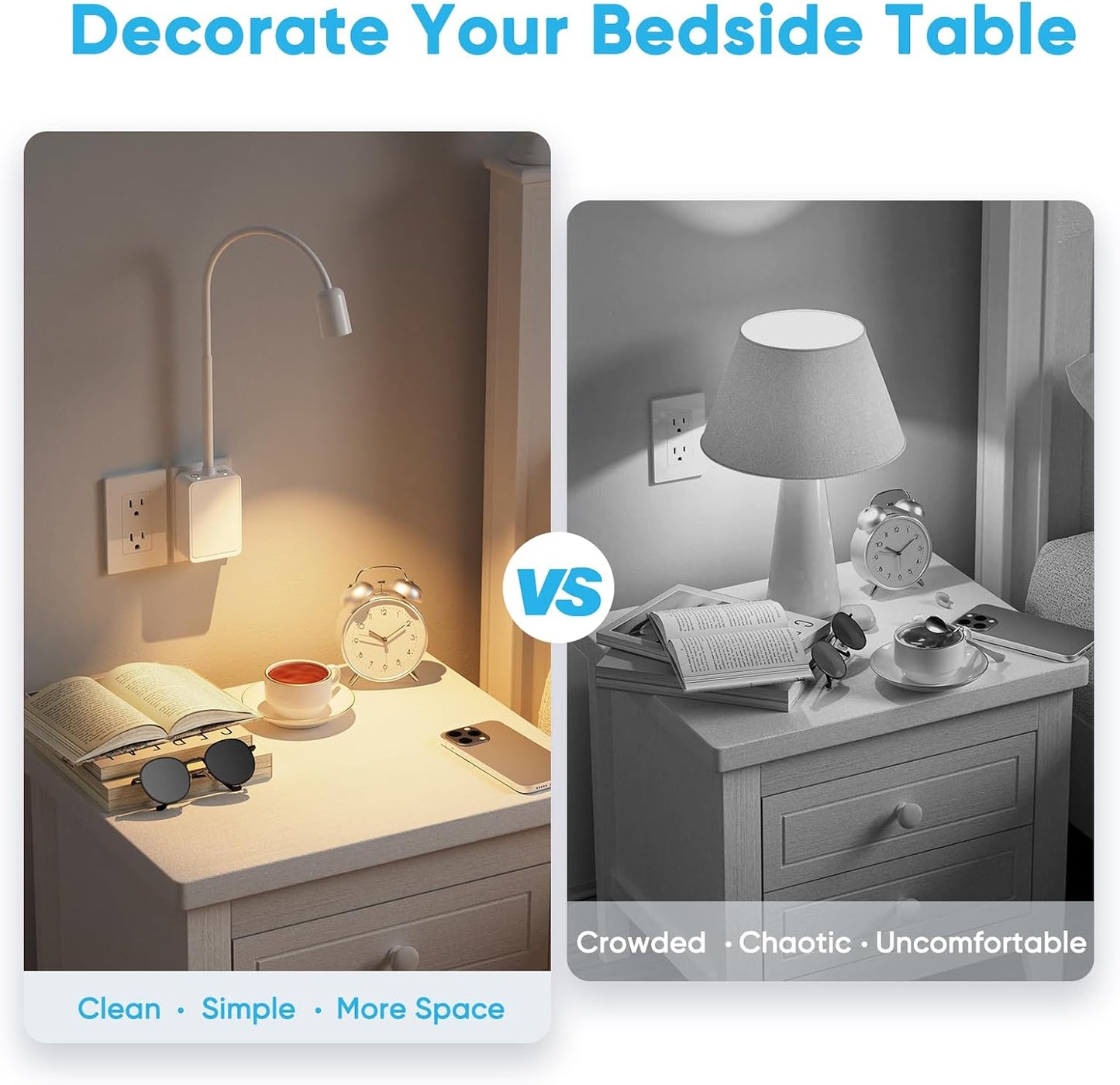 Plug in LED Book Reading Spot Light, White Dimmable Wall Sconce Lamp with Power Plug and Outlet Extender for Kitchen Bedroom Living Room, 3 Lighting Colors, USB Output Charging Ports