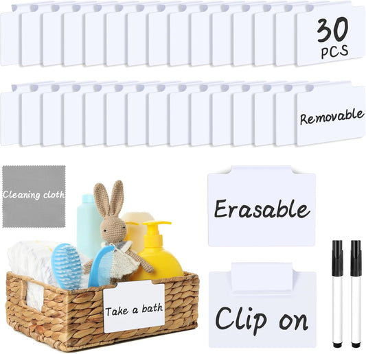 33PCS Basket Labels Clip On, 30 Labels for Storage Bins Removable | With 2 Chalk Markers & 1 Wipe, Kitchen Pantry Labels, Plastic Storage Bin Label, Label Holder, Basket Tags, Bin Clips (White)