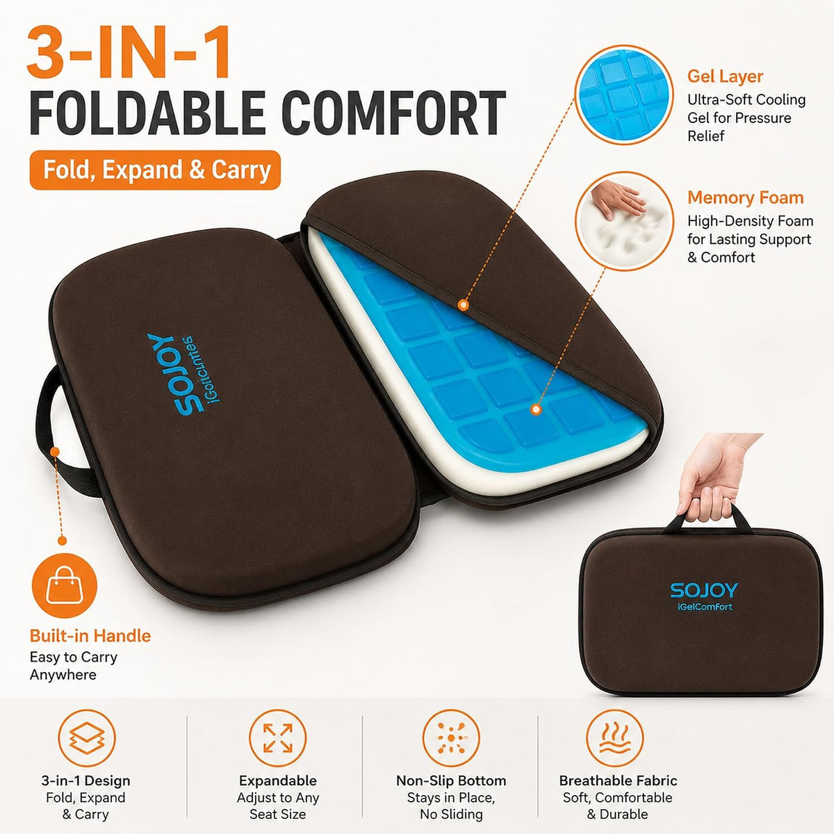 Sojoy iGelComfort 3 in 1 Foldable Gel Seat Cushion Featured with Memory Foam (A Must-Have Travel Cushion! Smart, Easy Travel Cushion) (Size: 18.5“ x 15" x 2")