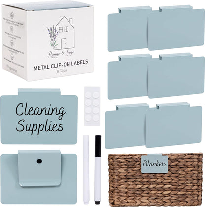 Hygge & Sage: Metal Non-Slip Basket Labels Clip On for Storage Bins, or Wire Racks | Includes 8 Labels, 8 Non-Slip Pads, and 1 Free Marker (Cream)