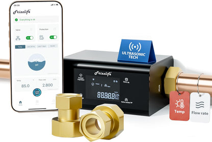 Frizzlife LP365 Smart Water Monitor and Automatic Shutoff Valve - 0.01GPM Ultrasonic Micro Leak Detection, APP Wi-Fi Remote Control, Real-Time Flow/Temp Alarm, 24/7 Water Usage Reports, 3/4" and 1"