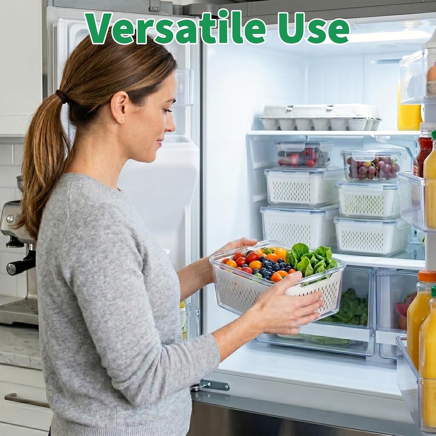 Vegetable Containers for Fridge, Stay Fresh Fruit Vegetable Storage Containers with Lid and Removable Colander, Stackable Vegetable Storage for Berry Salad Lettuce Vegetables Meat Various Food, 3PCS
