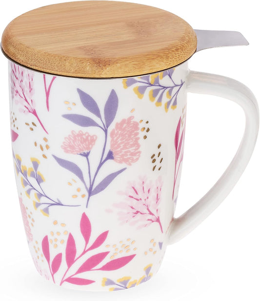 Pinky Up Annette Ceramic Tea Cup with Infuser and Lid, Travel Mug for Loose Leaf Teas, Home Office, Camping, Picnic Party, 12 oz, Set of 1, Honeycomb