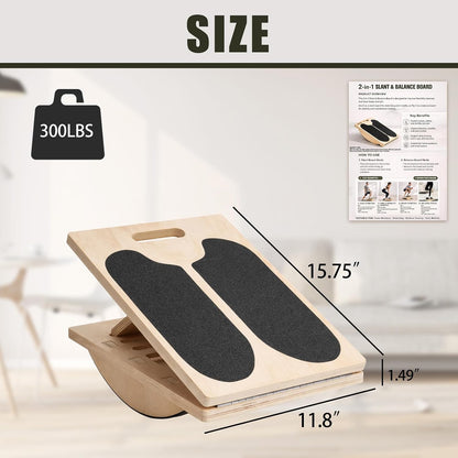 2-in-1 Wooden Slant Board for Calf Stretching & Balance Board | 5-level adjustable calf stretch board for Achilles stretch, ankle mobility, physical therapy, and stability training