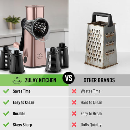 Zulay Kitchen Rotary Cheese Grater 5 Blade Cheese Shredder - Manual Hand Crank Cheese Grater With Reinforced Suction & 5 Interchangeable Drums - Easy to Use, Vegetable Chopper Round Mandoline Slicer - Colors B