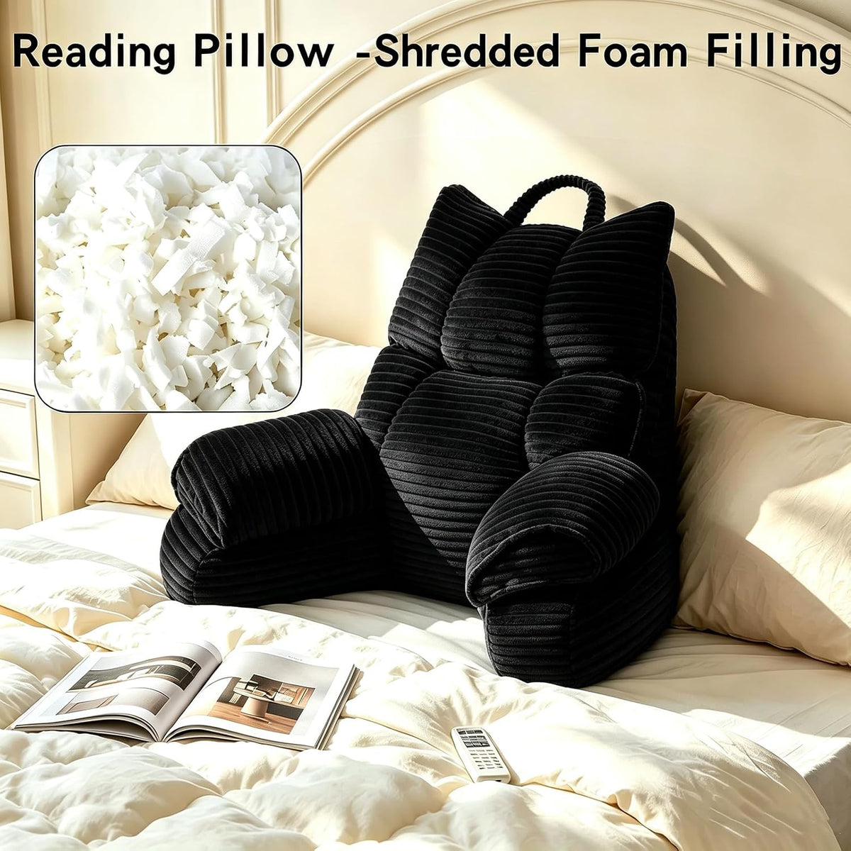 Reading Pillow for Bed with Arms, Back Support, Memory Foam（Grey Black）