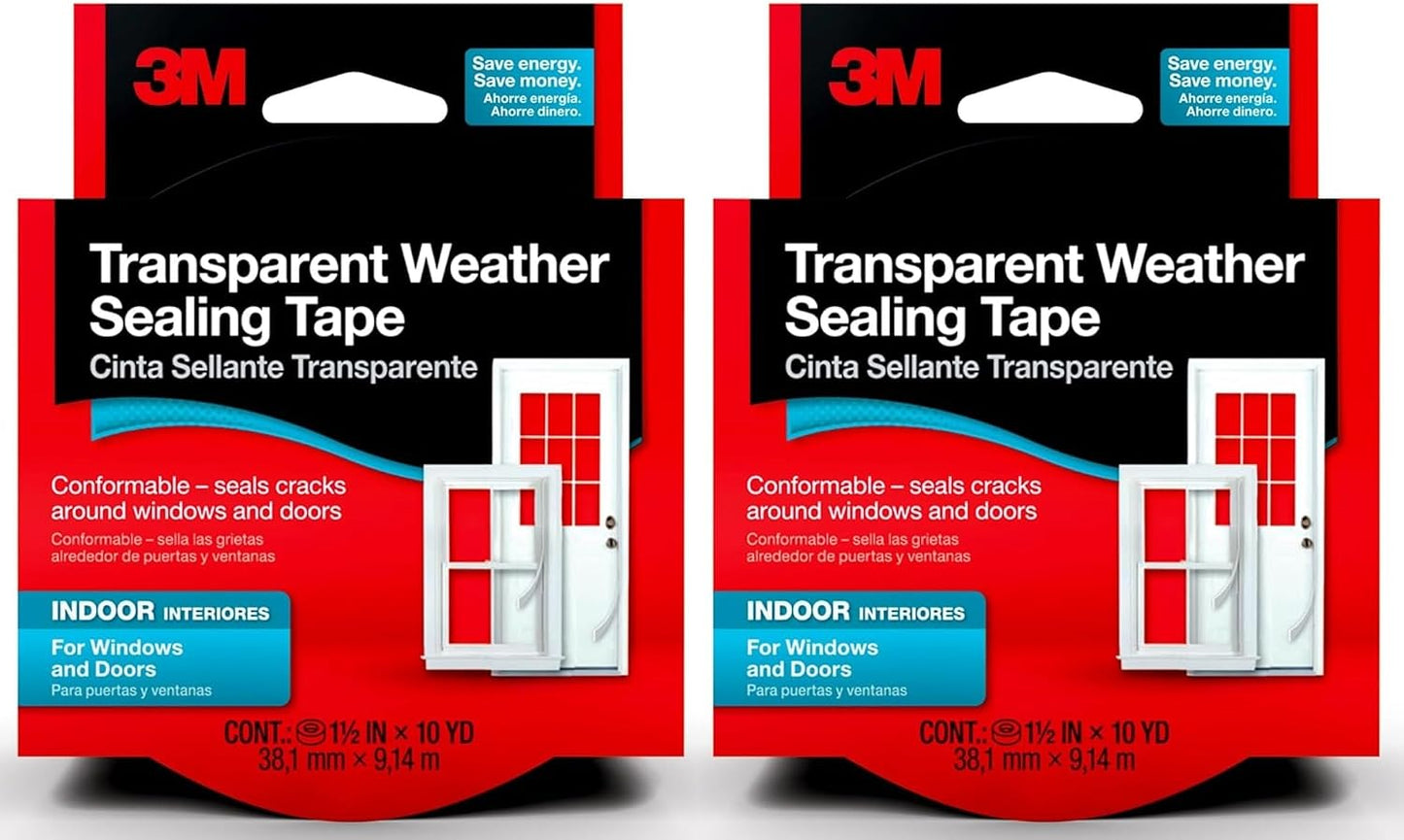 3M Interior Transparent Weather Sealing Tape, 1.5" x 10 Yards (2 Pack), Moisture-Resistant Insulating Tape for Interior Windows & Doors – Seals Drafts, Reduces Energy Loss, No-Residue Removal