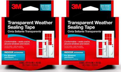 3M Interior Transparent Weather Sealing Tape, 1.5" x 10 Yards (2 Pack), Moisture-Resistant Insulating Tape for Interior Windows & Doors – Seals Drafts, Reduces Energy Loss, No-Residue Removal