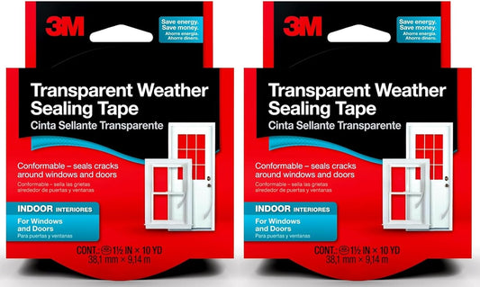 3M Interior Transparent Weather Sealing Tape, 1.5" x 10 Yards (2 Pack), Moisture-Resistant Insulating Tape for Interior Windows & Doors – Seals Drafts, Reduces Energy Loss, No-Residue Removal
