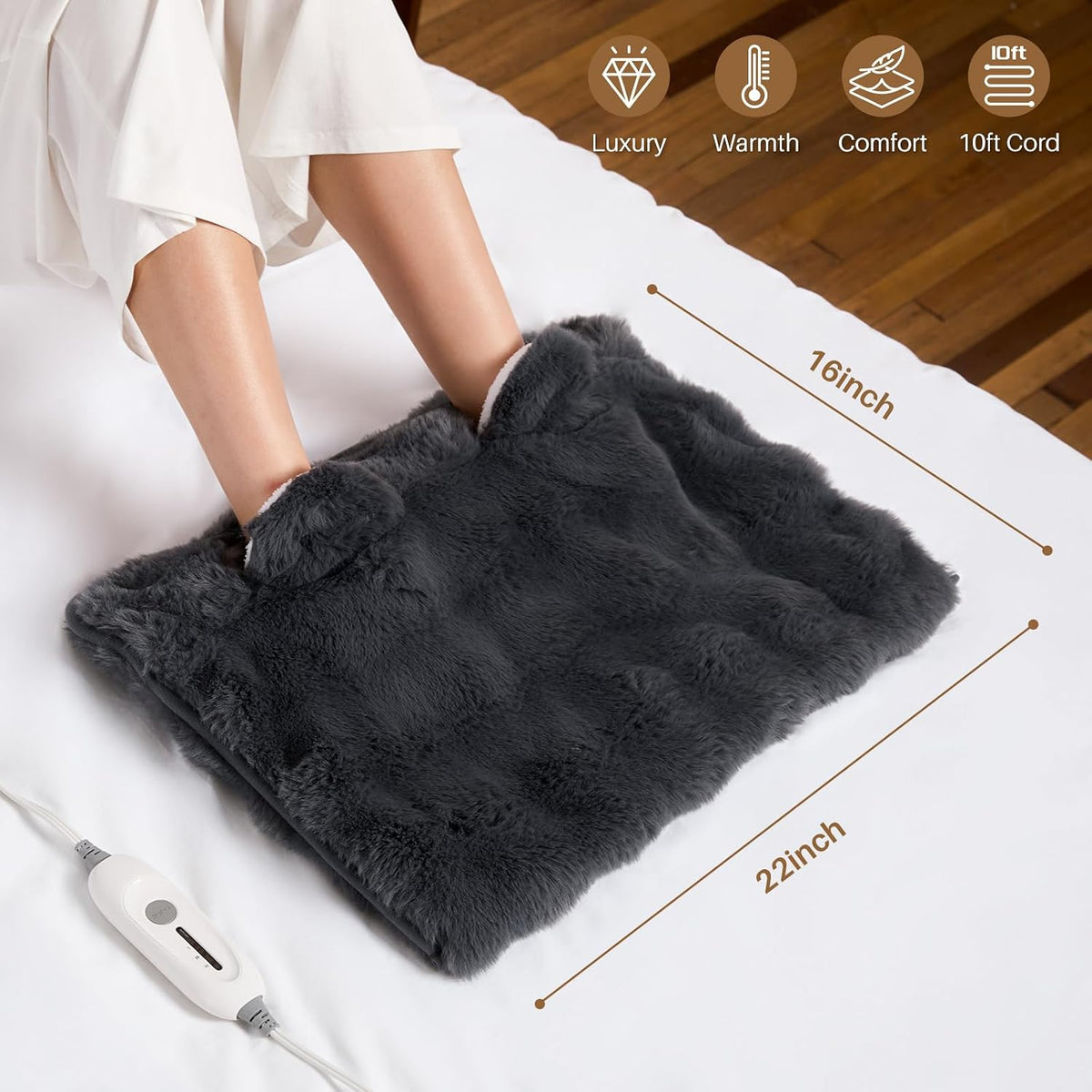 Electric Foot Warmer, Luxury Faux Fur Heating Pad for Feet Pain Relief Cramp, Heated Foot Warmer for Under Desk & Bed with 3 Heat Settings & 2H Auto-Off, ETL Certified, 20x22 Inch, Dark Grey